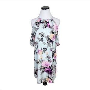 Soprano High Neck Floral Ruffle Sleeve Dress Cold Shoulder Blue Size Small